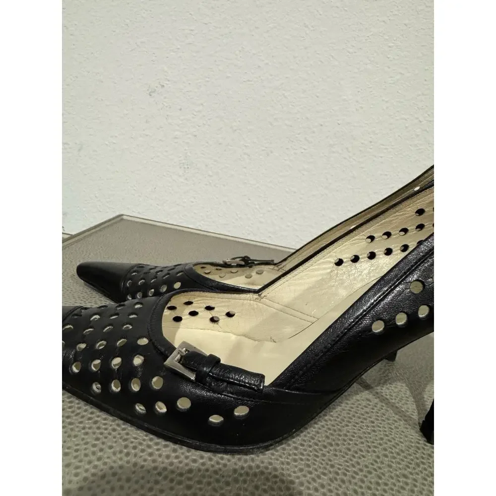 PRADA Y2K Pumps Heel Leather Black Point Toe Cutout Sz 37.5 / 7.5